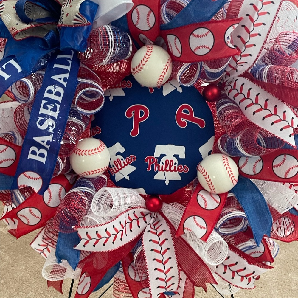 Phillies Baseball Themed Wreath with Red, White and Blue Accents